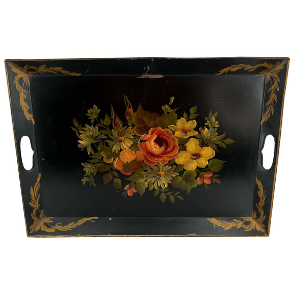 Antique Vintage Black Metal Hand Painted Floral Serving Tray  - Picture 1 of 8